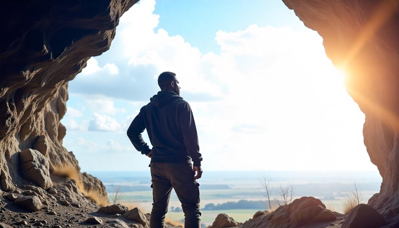 Man standing at the edge of a cave overlooking bright landscape, symbolizing breakthrough brand strategy and performance branding mindset